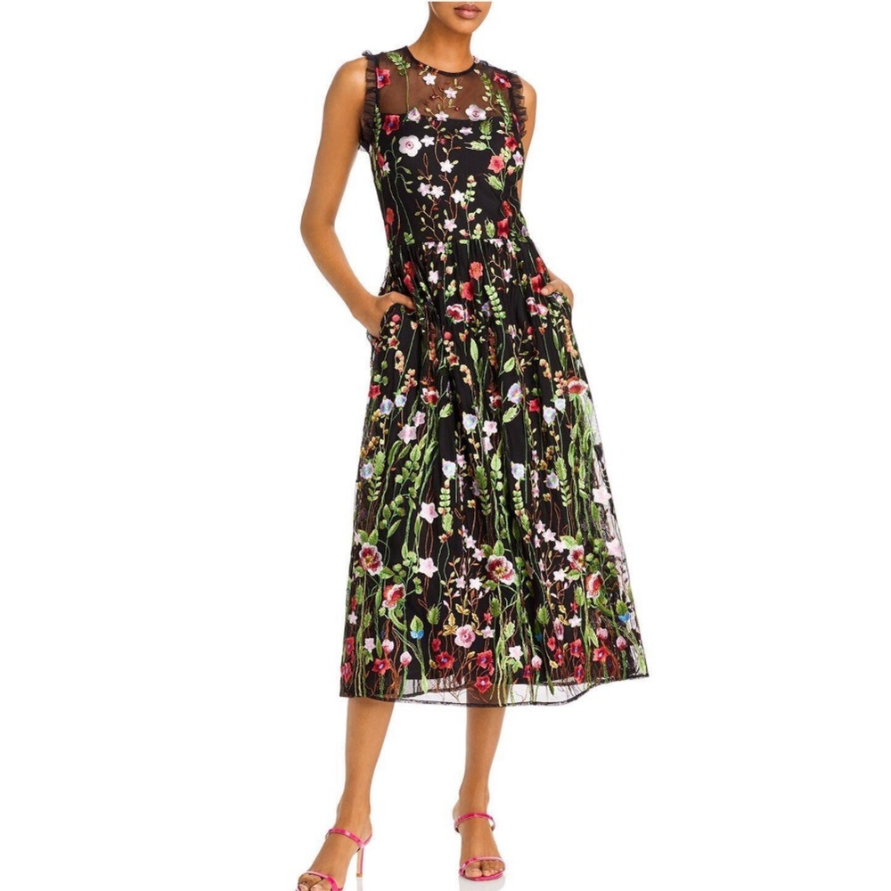 AQUA FORMAL Womens Black Ruffled Mesh Floral Midi A-Line Dress Size 6 NWT